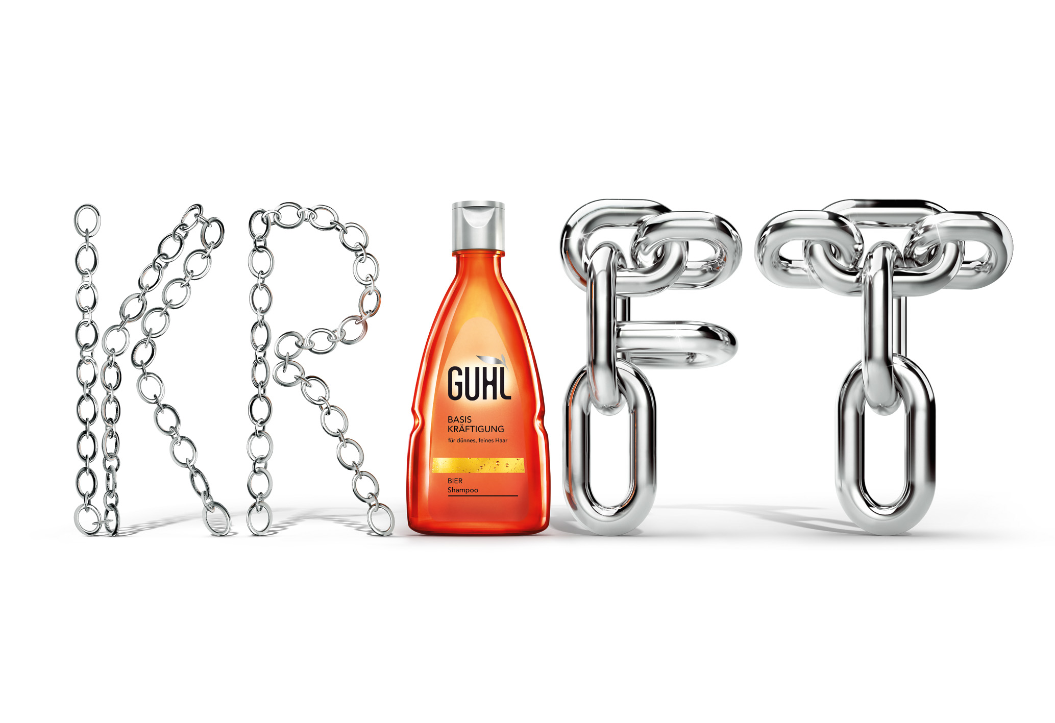 GUHL KRAFT — Schriftzug aus Ketten mit Guhl Shampoo-Flasche