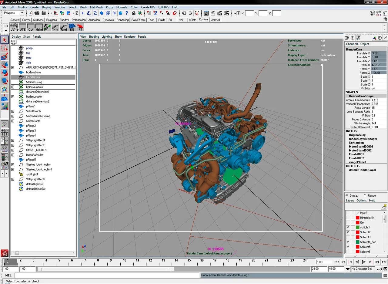 M-Class engine model — build-up in the Maya viewport